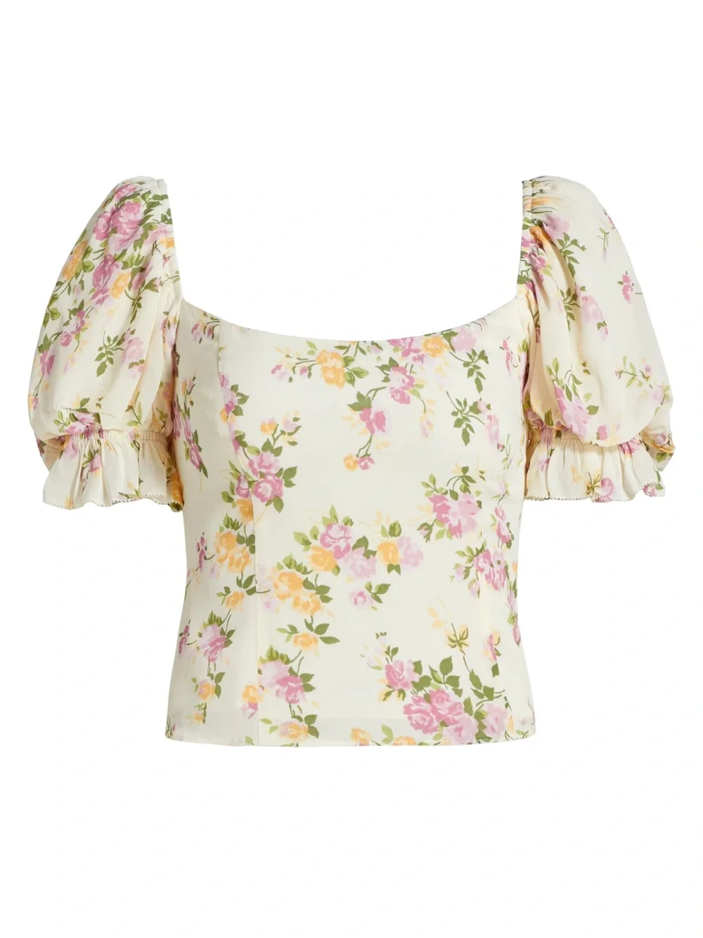 Reformation Marin Cream Floral Square-Neck Puff Sleeve Top